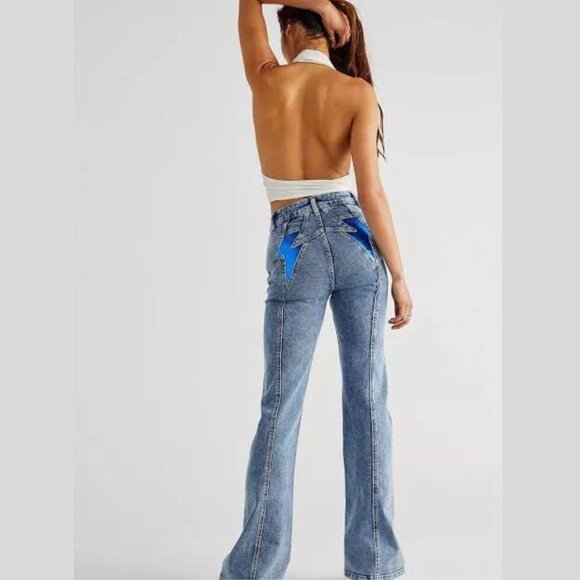 Free People We The Free Electric Blue Thunderbird Flare Jeans 32 26998 - Picture 4 of 16